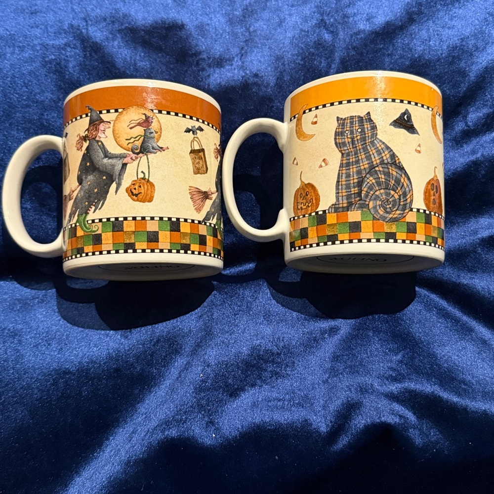 2 Halloween Mugs by Debbie Mumm Witch on Broom, Plaid Cat by Oneida